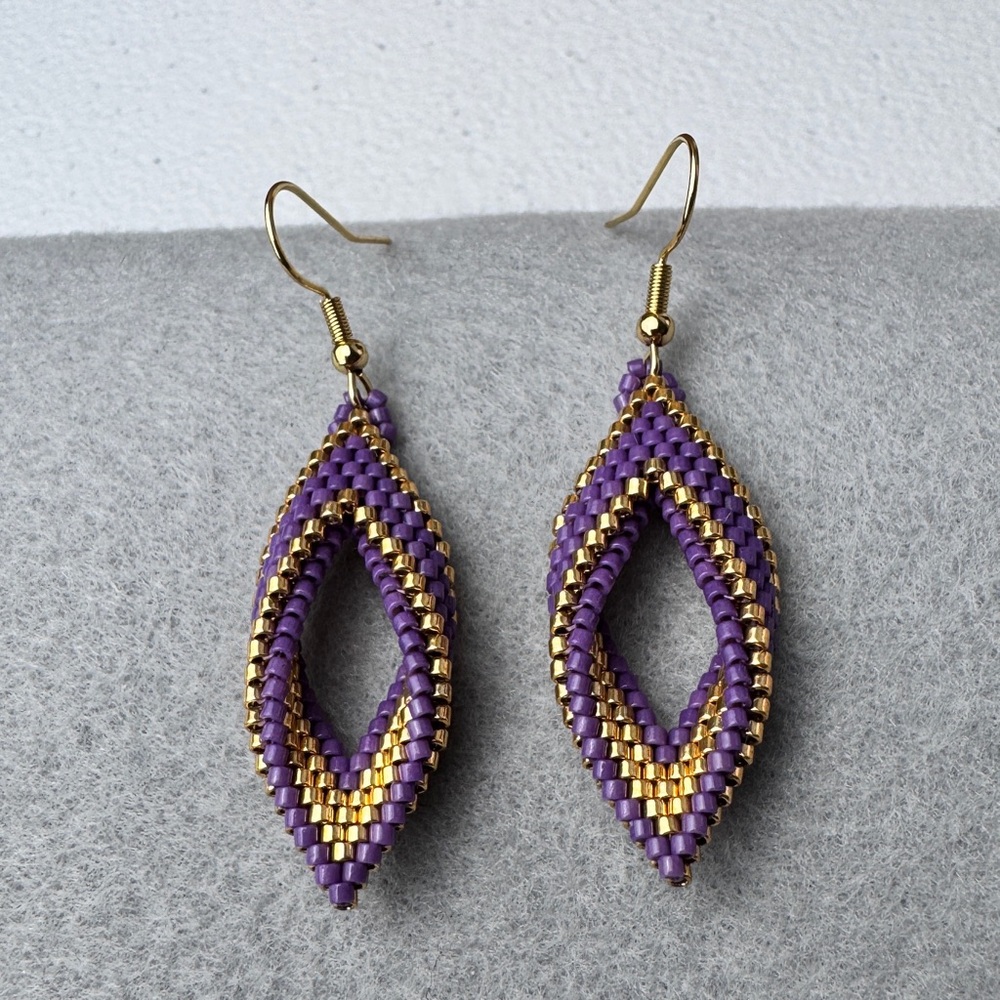 Handmade Beaded Marquise‎ Earrings Purple Gold Geometric 3D Dangle Jewelry